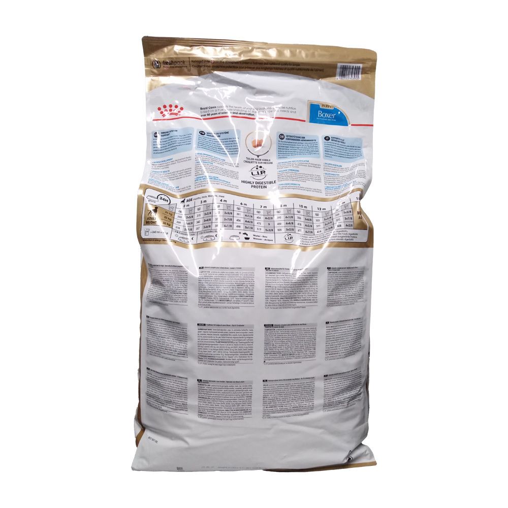 Royal Canin BHN Boxer Puppy 12kg hondenvoerzak met informatie en voedingswaardentabellen.