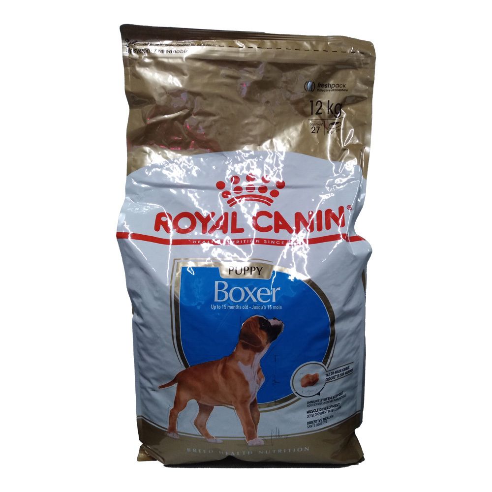 Royal Canin BHN Boxer Puppy 12kg hondenvoerzak met afbeelding van een Boxer pup en productinformatie.