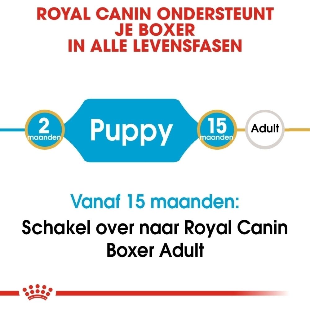 Royal Canin ondersteunt Boxer puppies tot 15 maanden, daarna Boxer Adult.