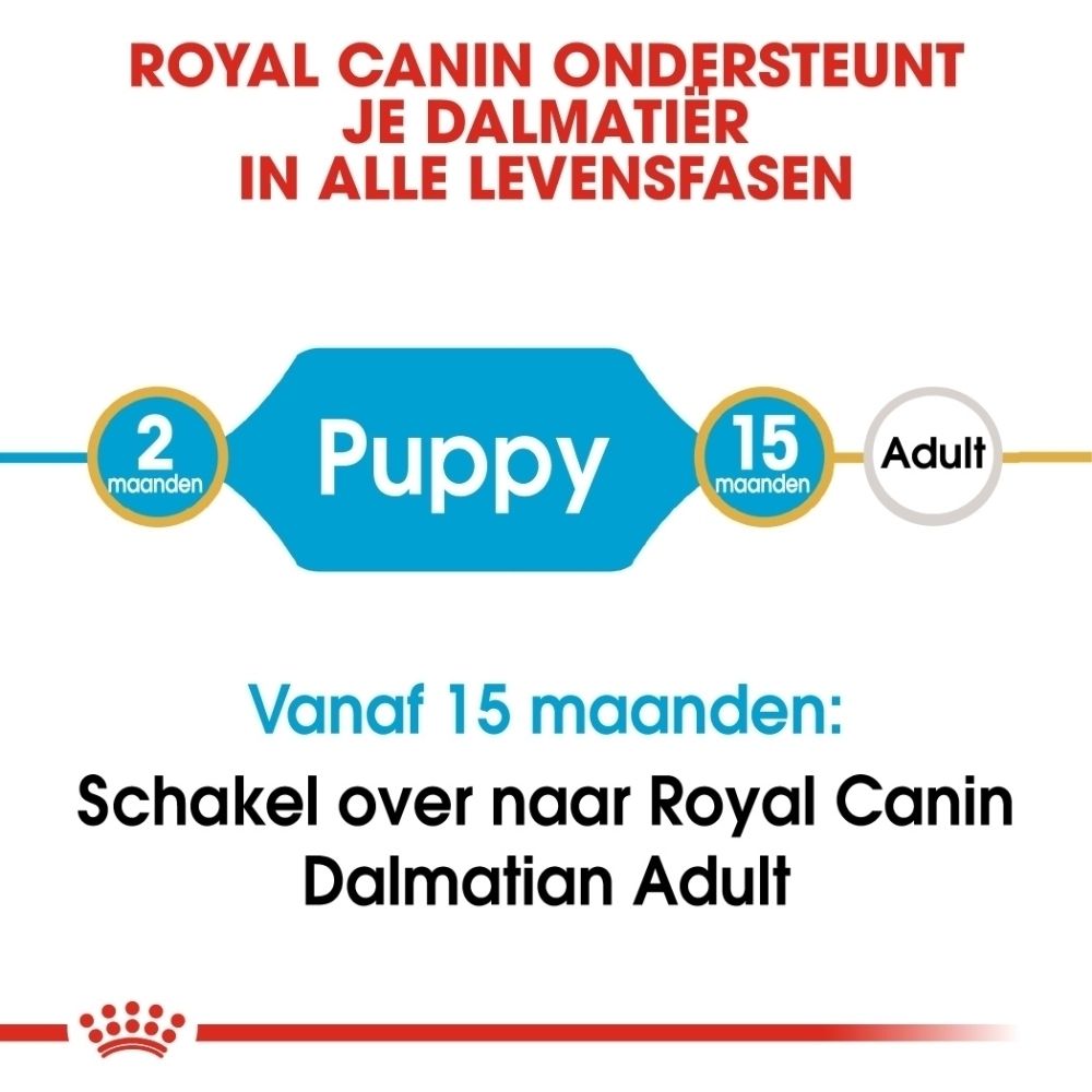Voorkant van een zak Royal Canin Dalmatier Puppy met afbeelding van een pup en informatie over immuunondersteuning.