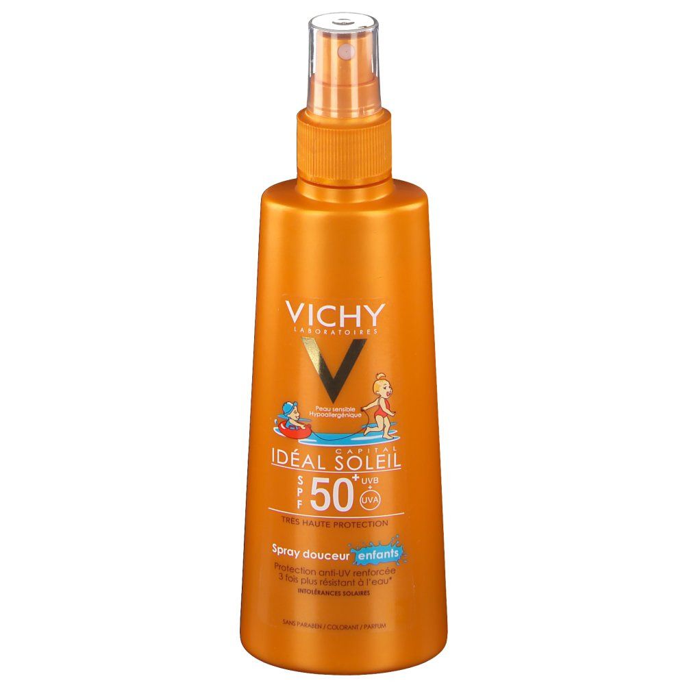 Oranje sprayfles met VICHY-logo en productnaam. Opschrift: Idéal Soleil 50+ voor kinderen. Illustratie van kinderen.
