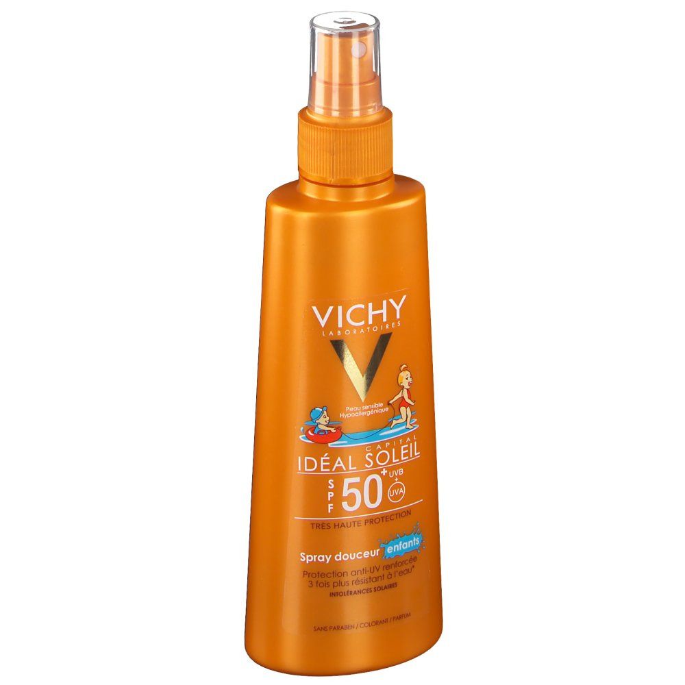 Oranje sprayfles met VICHY-logo en productnaam. Opschrift: Idéal Soleil 50+ voor kinderen. Illustratie van kinderen.
