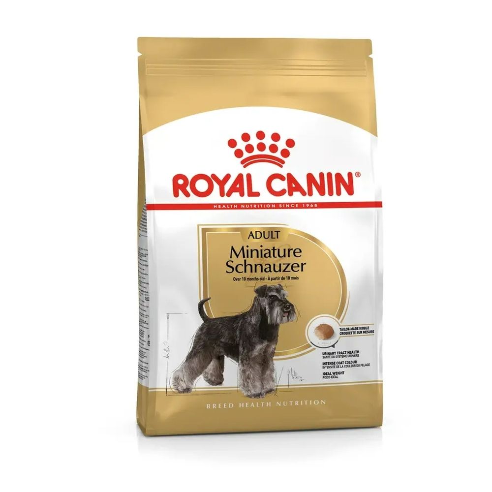 Royal Canin Miniature Schnauzer Adult hondenvoer verpakking met afbeelding van een Schnauzer.
