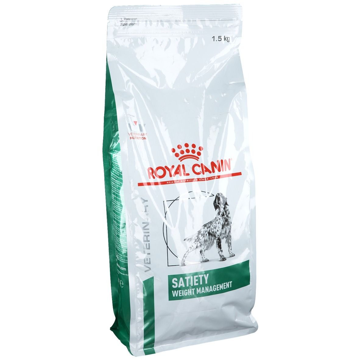 Witte zak Royal Canin Satiety. Logo en afbeelding van hond. Opschrift Satiety en Weight Management in groen.