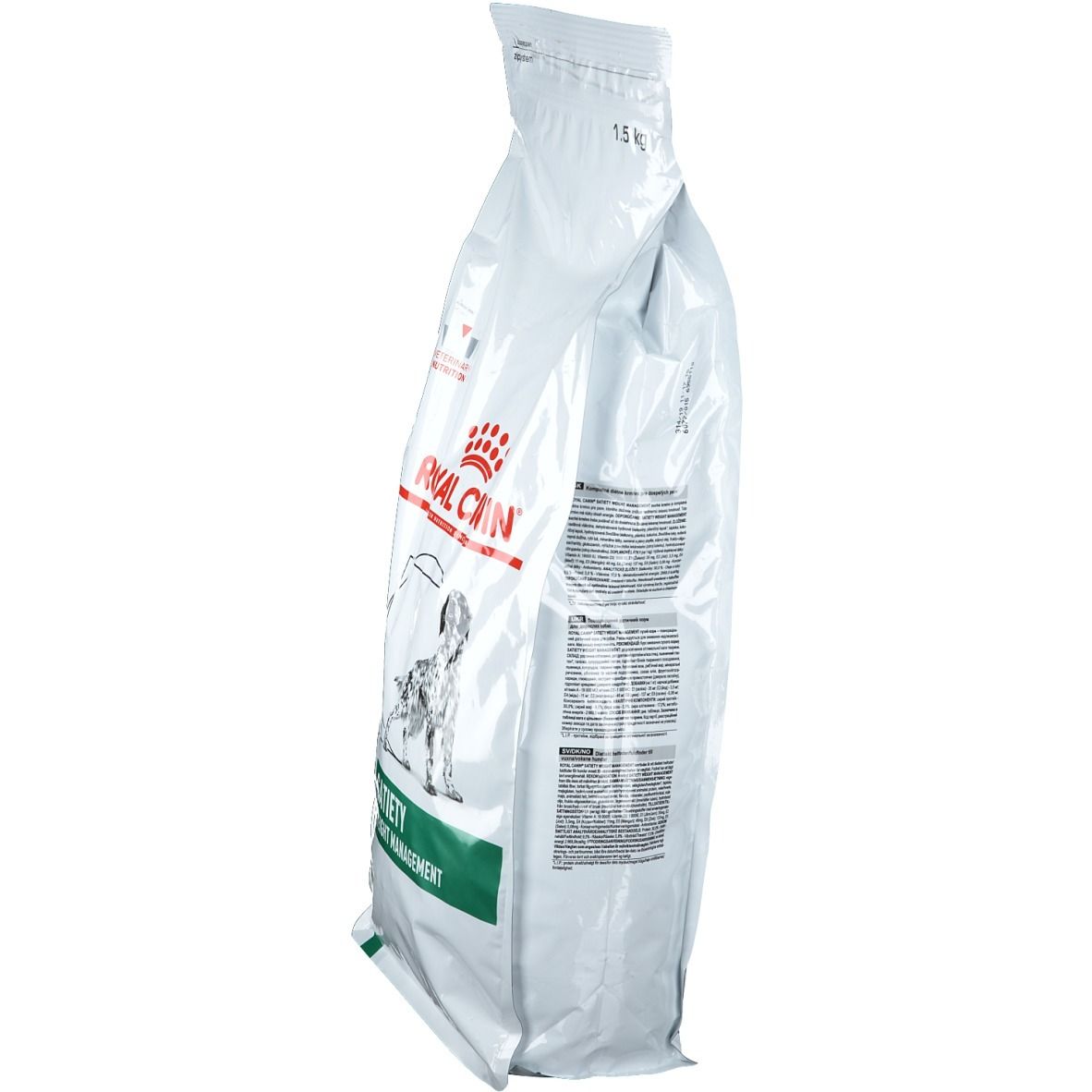 Zijaanzicht van de witte zak. Opschrift Satiety en 1,5 kg. Groene achtergrond. Tekst op de achterkant.