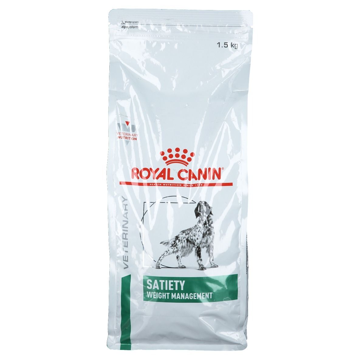Witte zak Royal Canin Satiety. Logo en afbeelding van hond. Opschrift Satiety en Weight Management in groen.