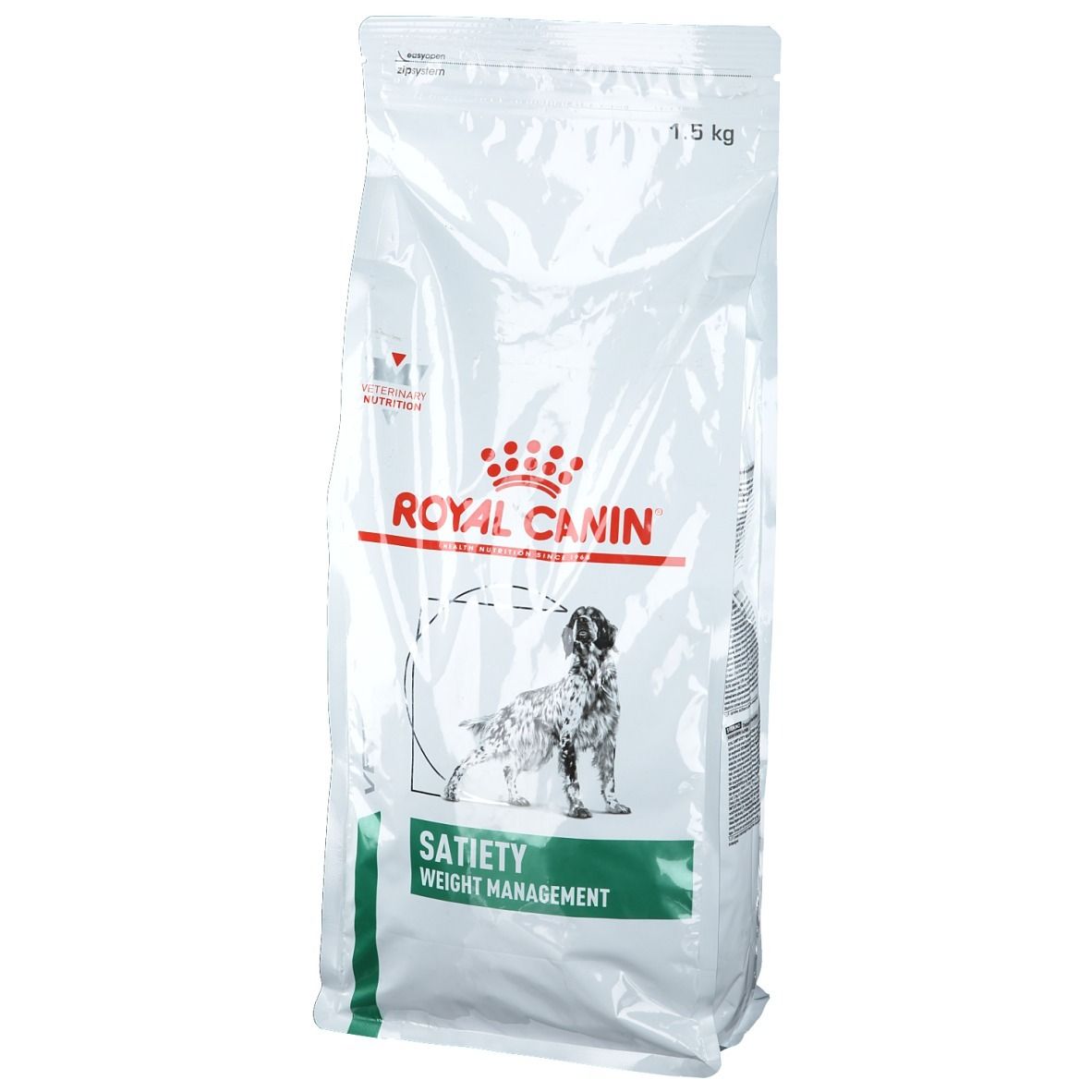 Witte zak Royal Canin Satiety. Logo en afbeelding van hond. Opschrift Satiety en Weight Management in groen.