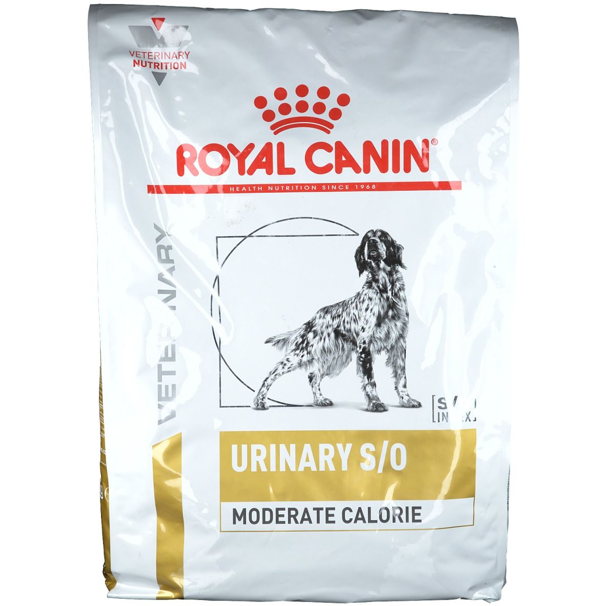 Sac de nourriture pour chiens. Inscription ROYAL CANIN, URINARY S/O, MODERATE CALORIE. Image d'un chien.