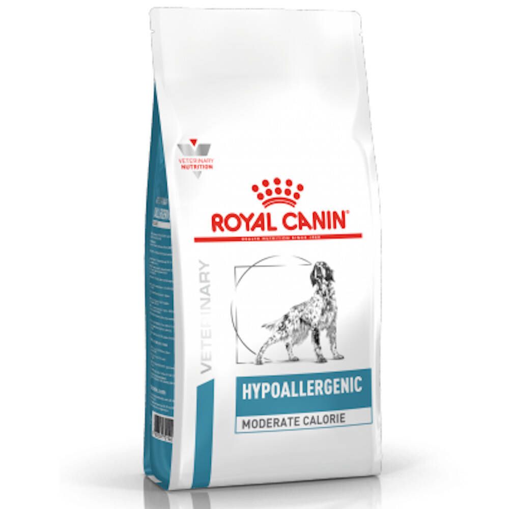 Sac ROYAL CANIN Veterinary Hypoallergenic Moderate Calorie. Blanc, bleu et rouge. Chien sur l'emballage.