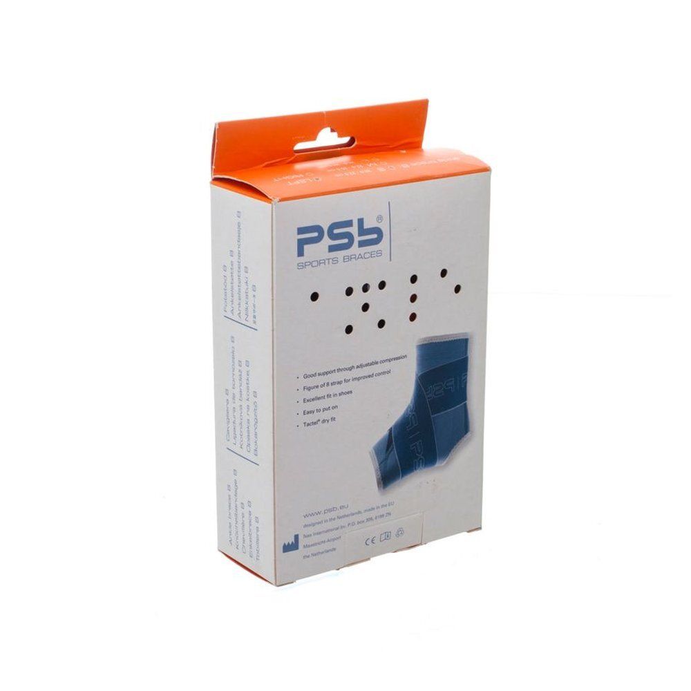 Verpakking van enkelbrace. Wit en oranje. "PSB Sports Braces" is zichtbaar. Illustratie van de brace.