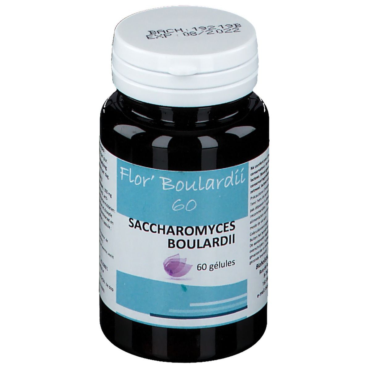 Donkere fles met witte dop. Opschrift: Flor' Boulardii 60, Saccharomyces boulardii, 60 gélules. Houdbaarheidsdatum.