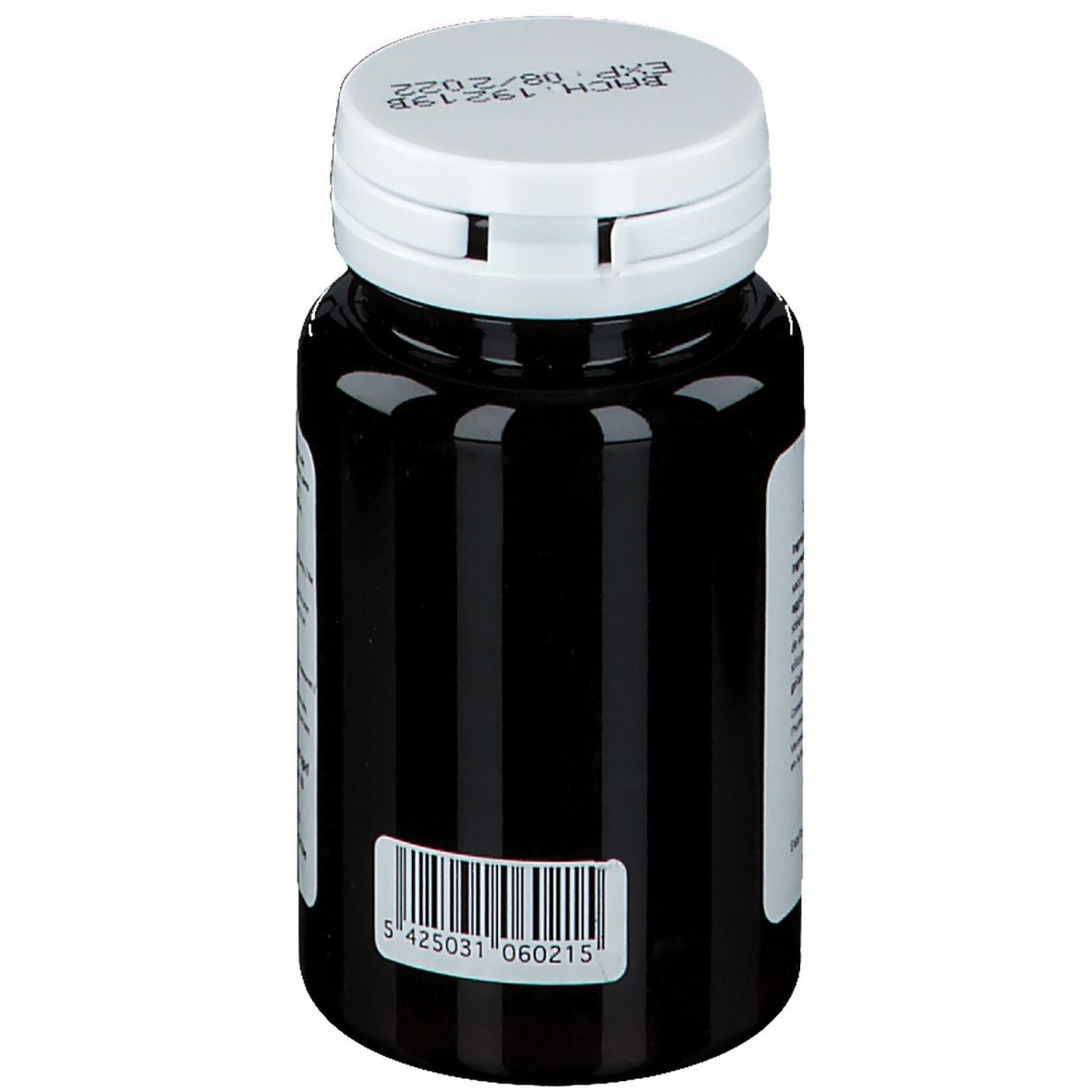 Donkere fles met witte dop. Streepjescode en batchnummer op het etiket.