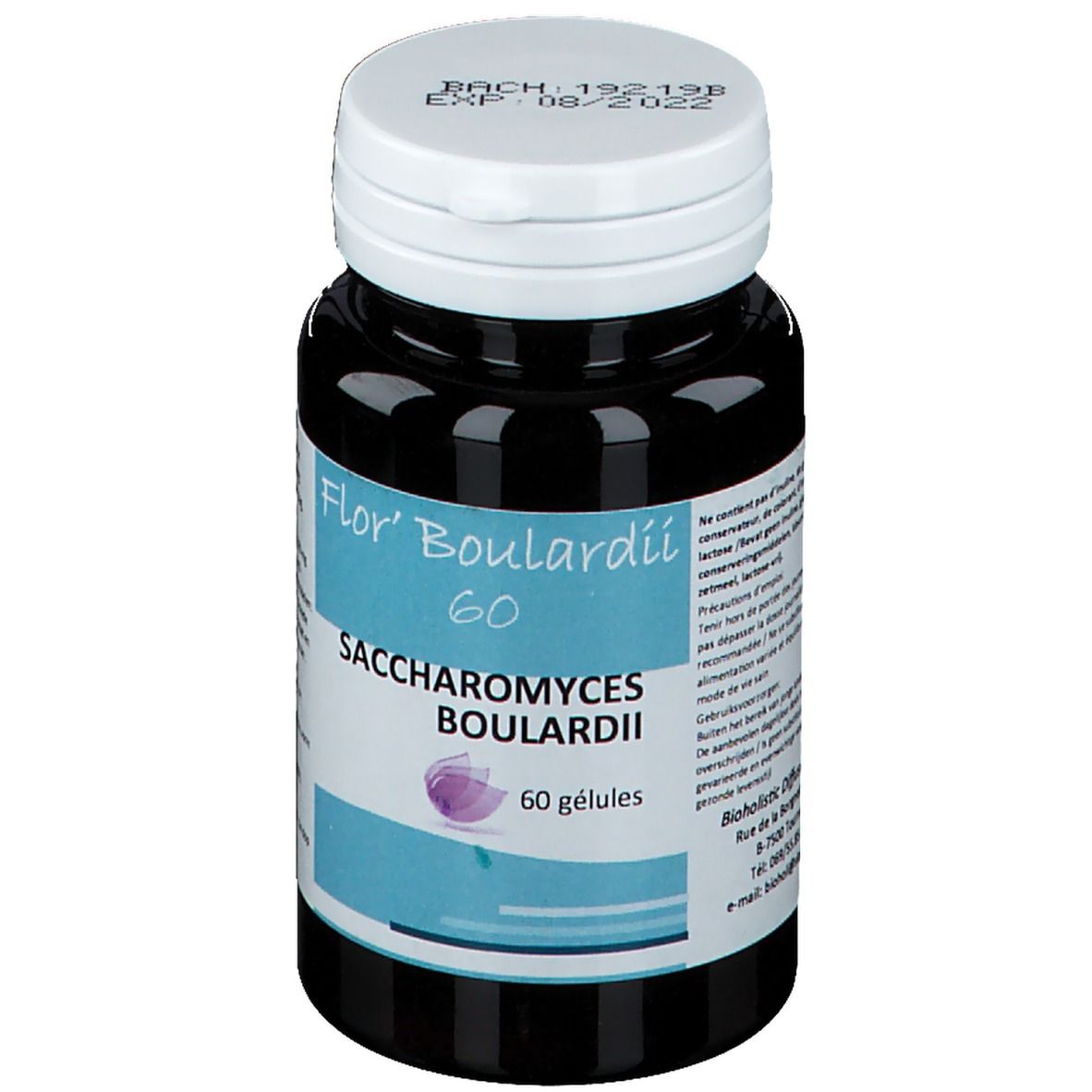 Donkere fles met witte dop. Opschrift: Flor' Boulardii 60, Saccharomyces boulardii, 60 gélules. Houdbaarheidsdatum.