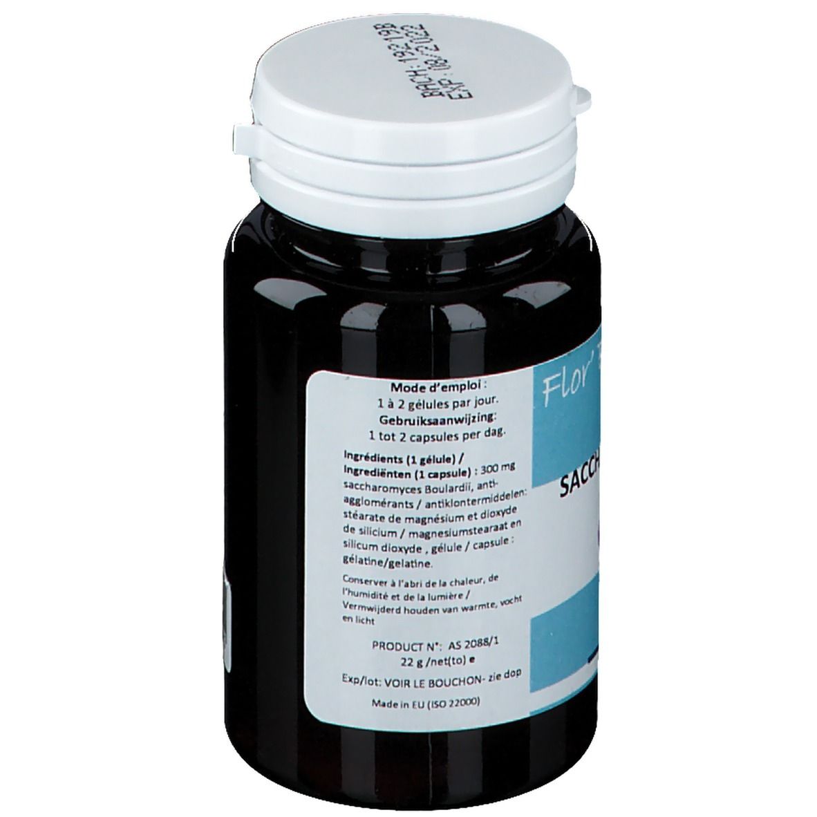 Donkere fles met witte dop. Opschrift: Flor' Boulardii 60, Saccharomyces boulardii, 60 gélules. Gebruiksaanwijzing.