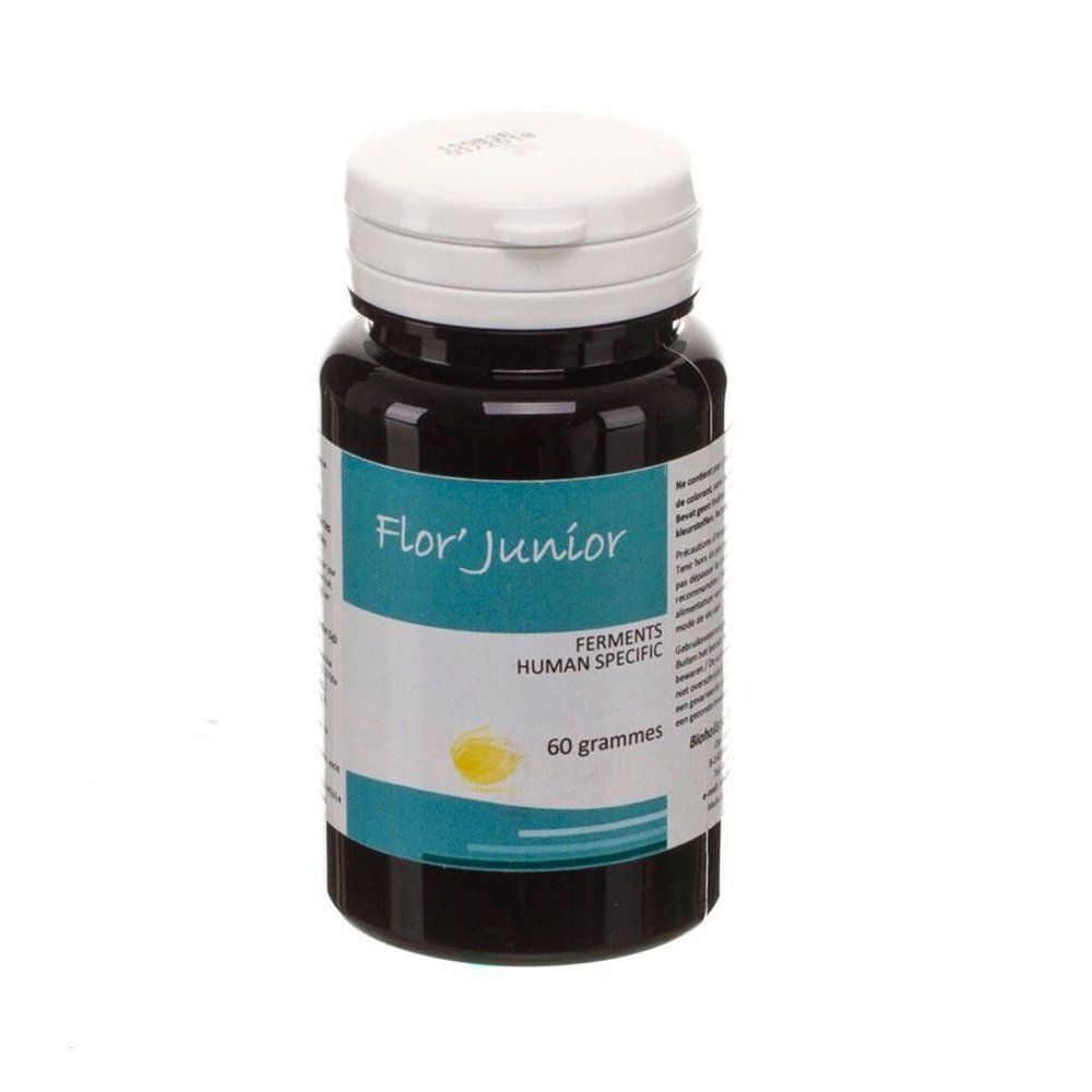 Flacon brun avec couvercle blanc. Inscription Flor' Junior, Ferments Human Specific, 60 grammes.