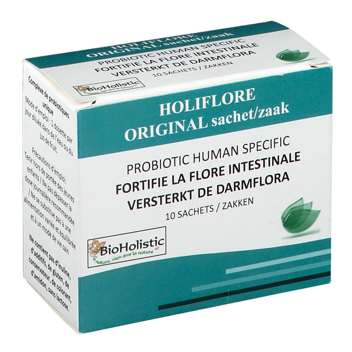 Boîte HOLIFLORE ORIGINAL. Texte : PROBIOTIC HUMAN SPECIFIC, 10 sachets. Logo BioHolistic. Fond vert et blanc.