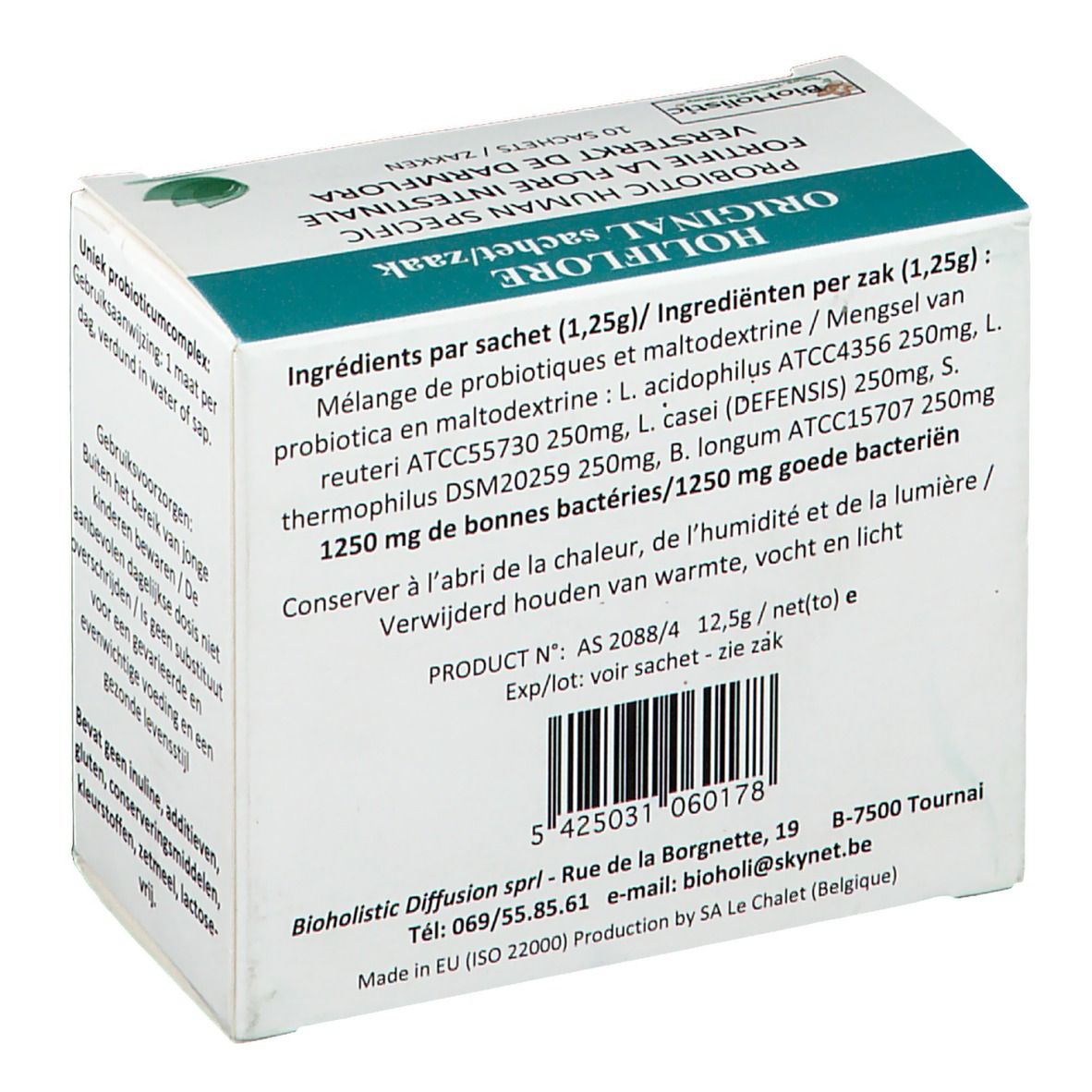 Boîte HOLIFLORE ORIGINAL. Ingrédients, code-barres. Texte : PROBIOTIC HUMAN SPECIFIC, 10 sachets. Logo BioHolistic.