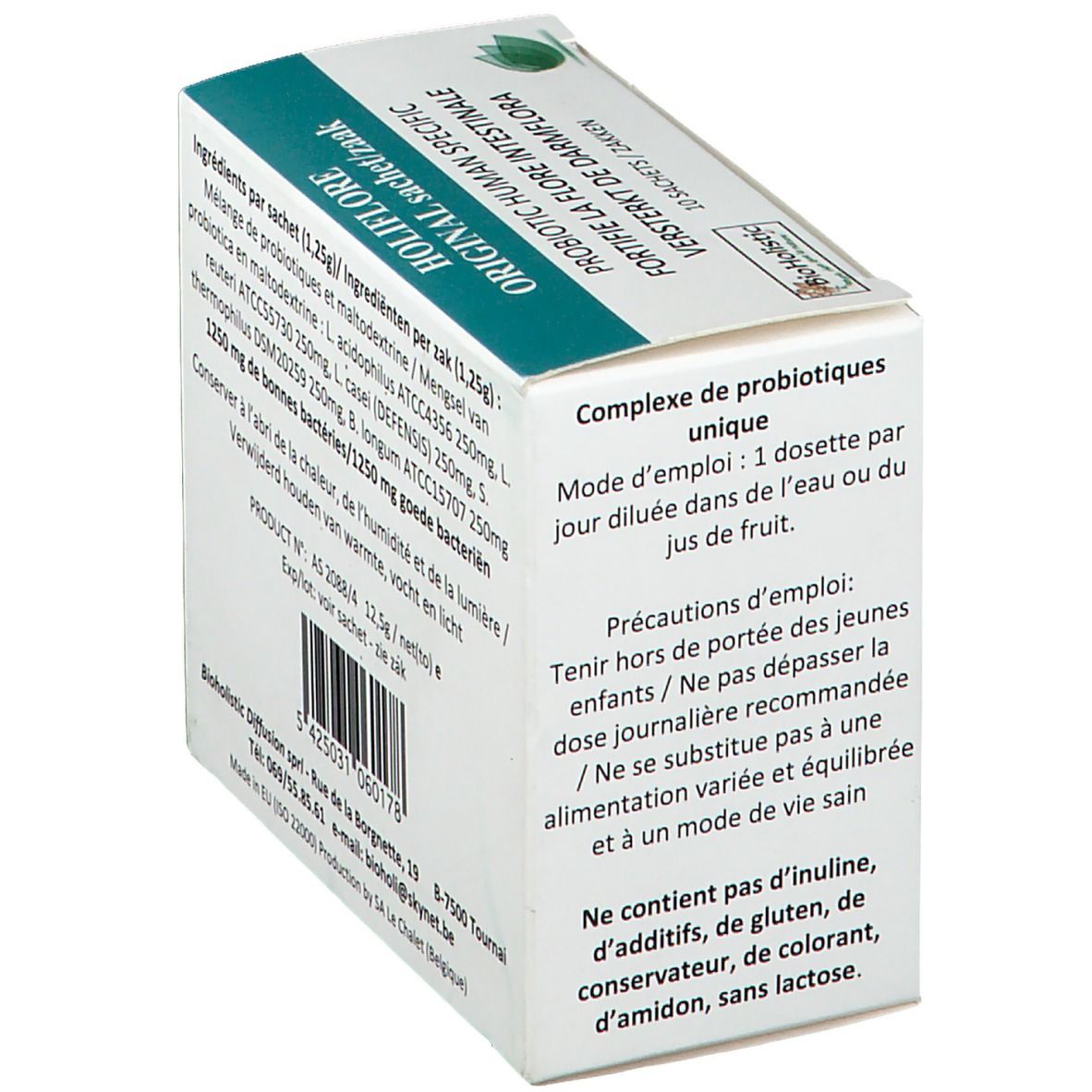 Boîte HOLIFLORE ORIGINAL. Mode d'emploi. Texte : PROBIOTIC HUMAN SPECIFIC, 10 sachets. Logo BioHolistic. Vue en angle.