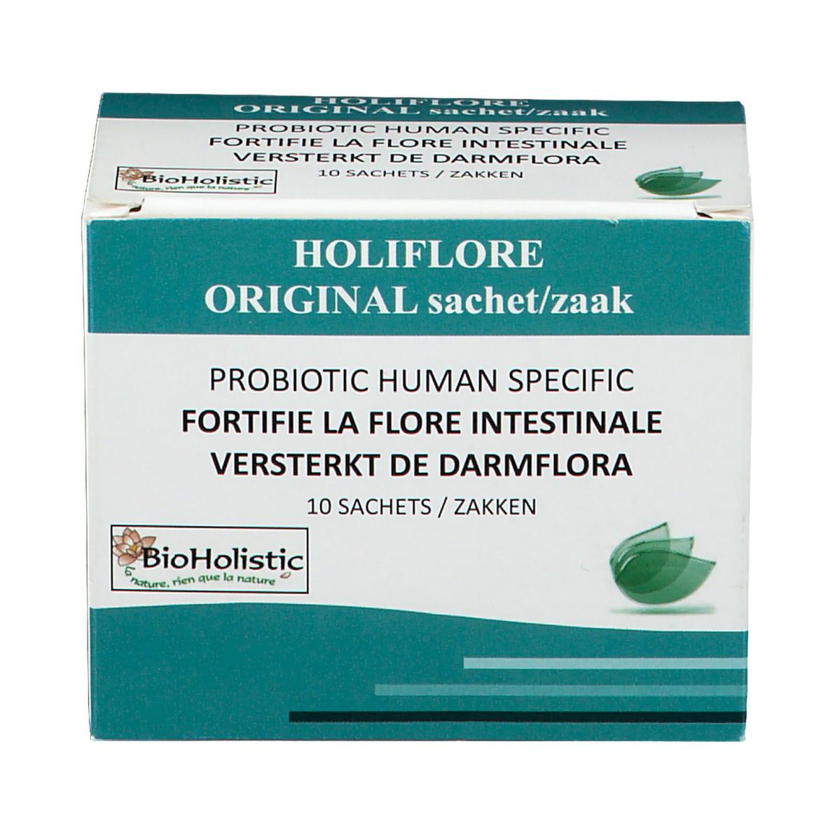 Boîte HOLIFLORE ORIGINAL. Texte : PROBIOTIC HUMAN SPECIFIC, 10 sachets. Logo BioHolistic. Fond vert et blanc.