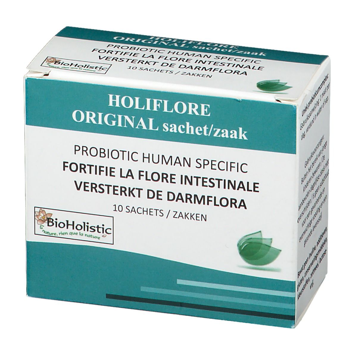 Boîte HOLIFLORE ORIGINAL. Texte : PROBIOTIC HUMAN SPECIFIC, 10 sachets. Logo BioHolistic. Fond vert et blanc.