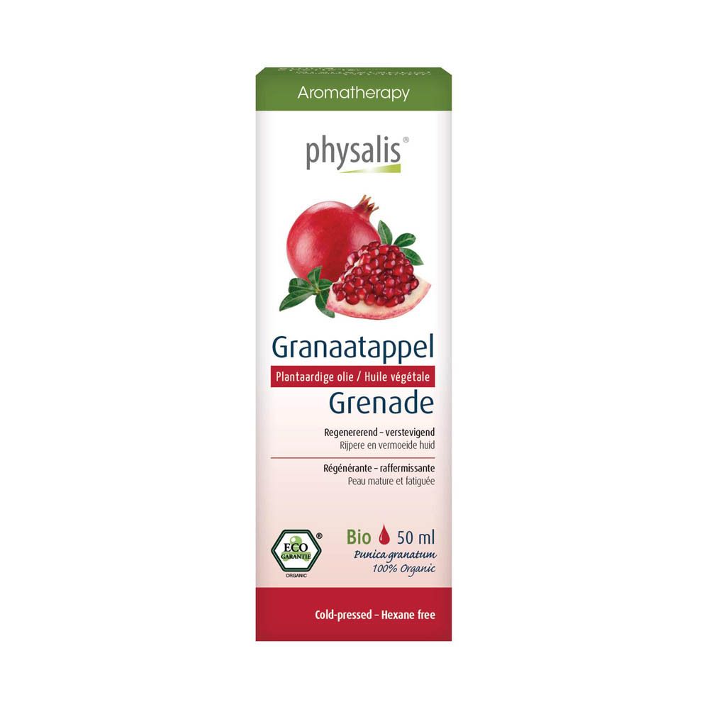 Kartonnen verpakking physalis® granaatappelolie. Bio-certificering. 50 ml. Aromatherapie.