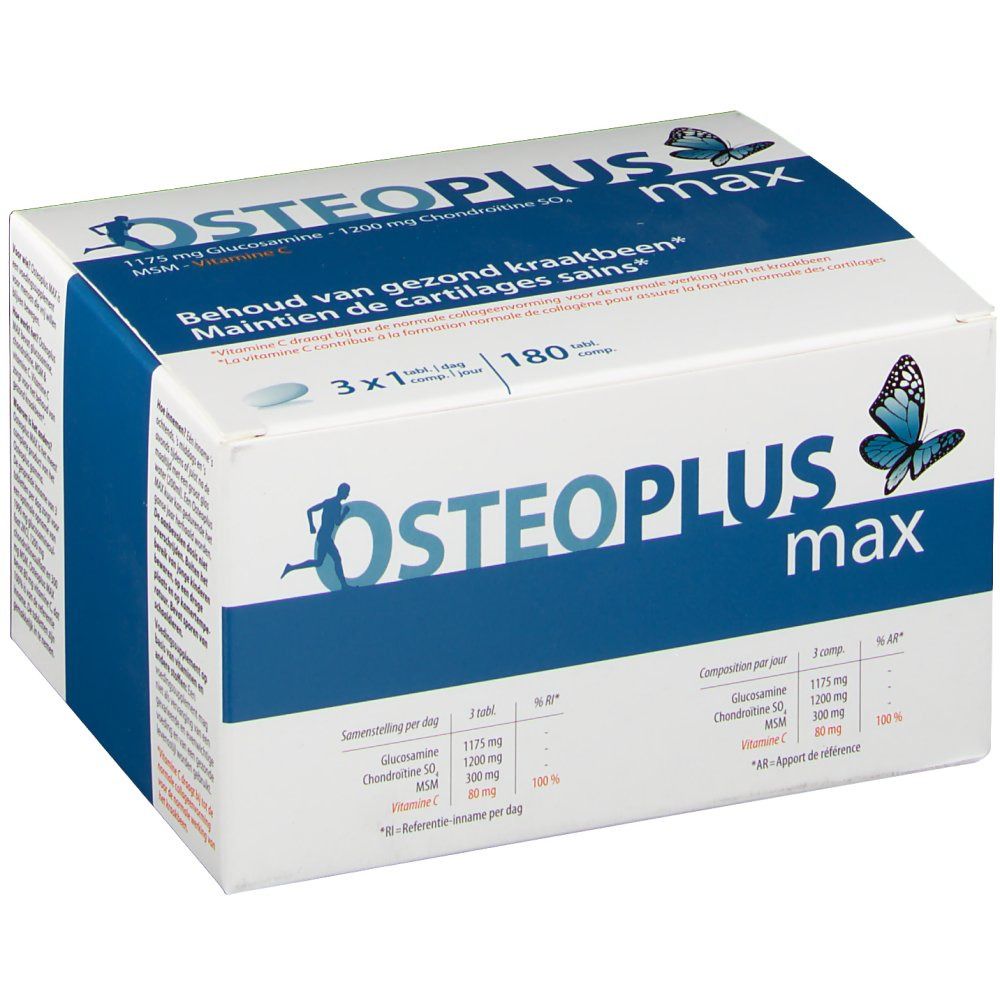 Osteoplus Max verpakking. Bevat 180 tabletten. Blauw-witte verpakking met productnaam en informatie.