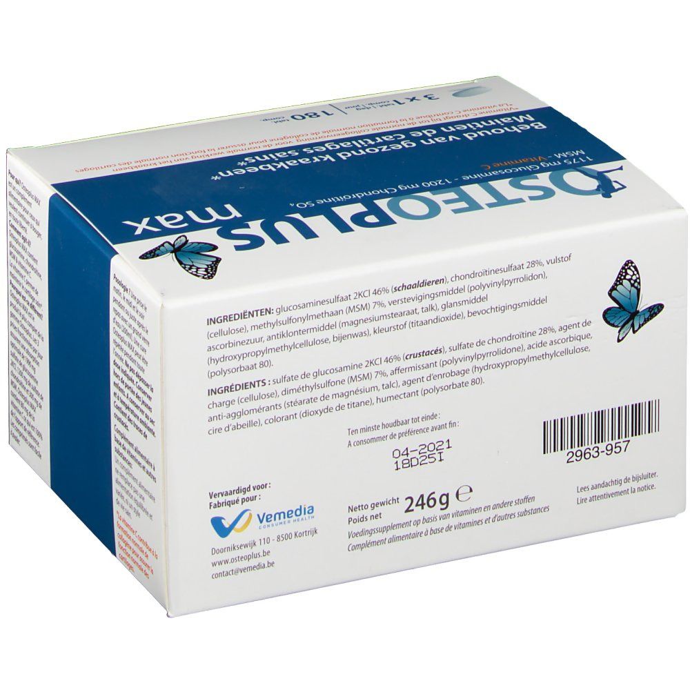 Osteoplus Max verpakking. Achterkant met ingrediënten en voedingswaarde. Bevat 246g.