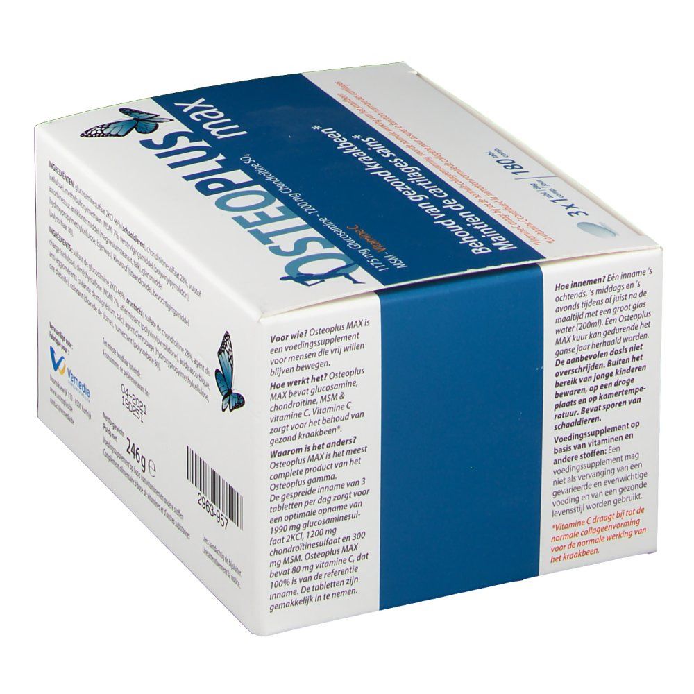 Osteoplus Max verpakking. Bevat informatie over gebruik en ingrediënten. Blauw-witte verpakking.