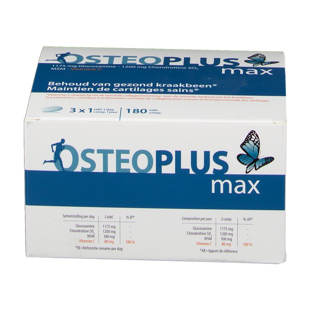 Osteoplus Max verpakking. Bevat 180 tabletten. Blauw-witte verpakking met productnaam en informatie.