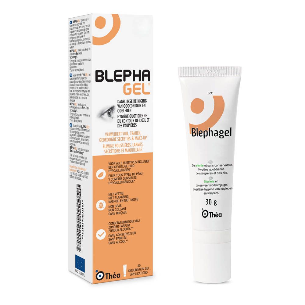Blephagel Gel en verpakking. Tube en doos. Merk: Théa. Oranje logo.
