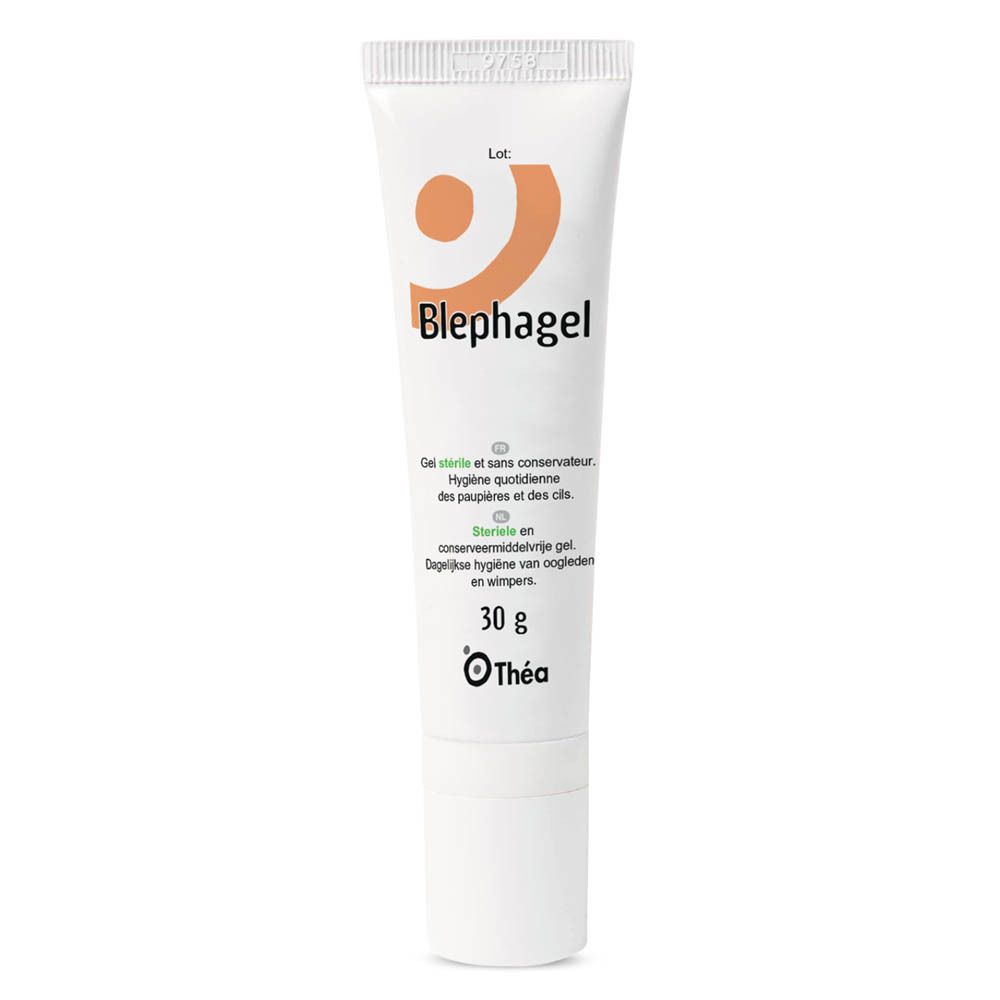 Witte tube met Blephagel. Oranje logo. 30 g. Merk: Théa.