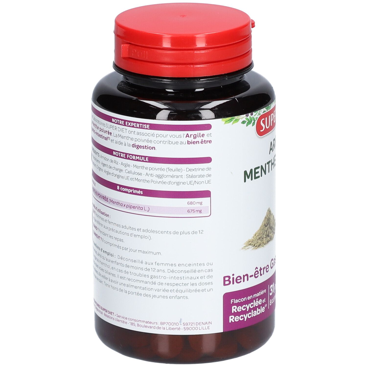 Ronde zwarte fles met rode dop. Achterkant met tekst. Opschrift: SUPER DIET Argile Menthe poivrée. 31 dagen.