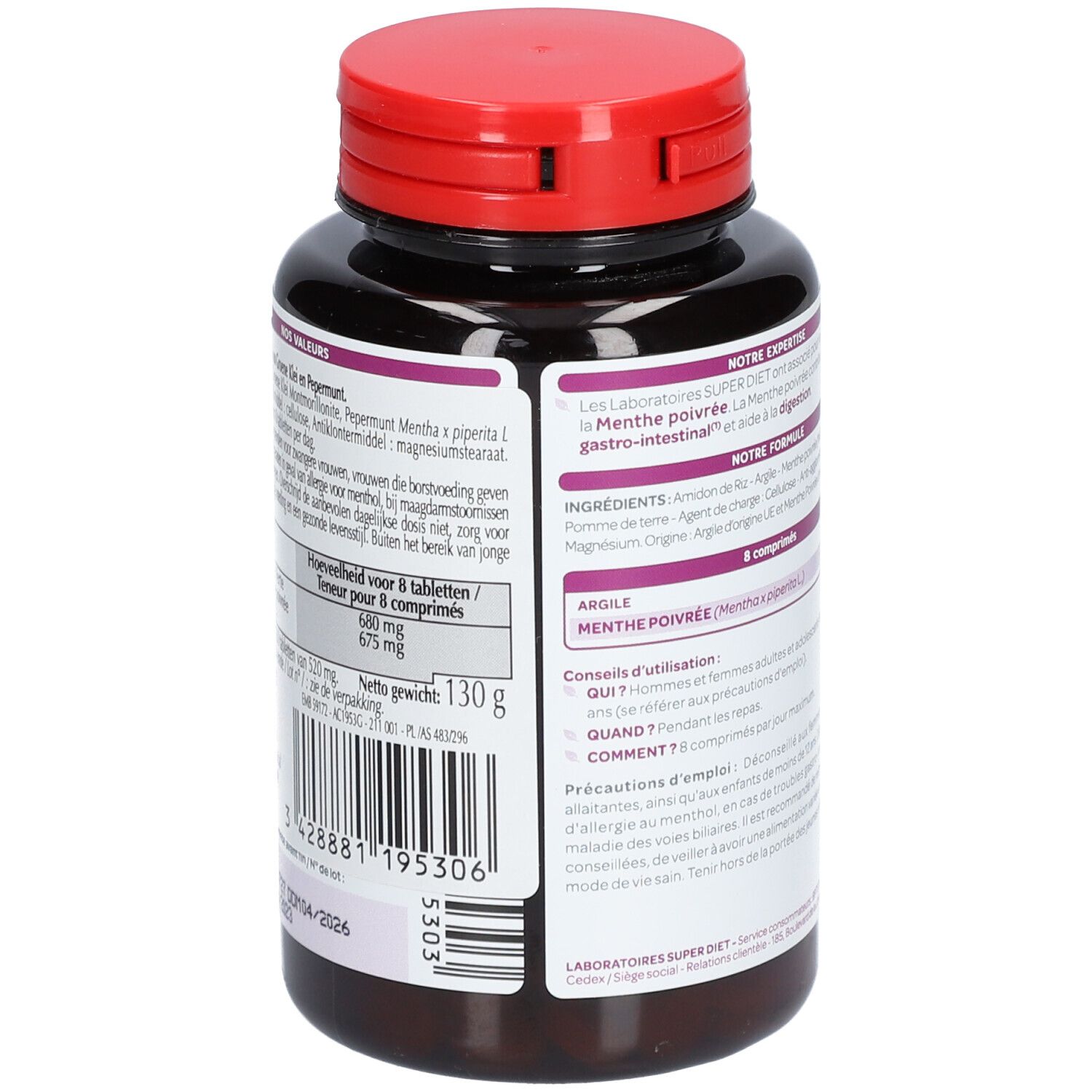 Ronde zwarte fles met rode dop. Achterkant met tekst. Opschrift: SUPER DIET Argile Menthe poivrée. 31 dagen.