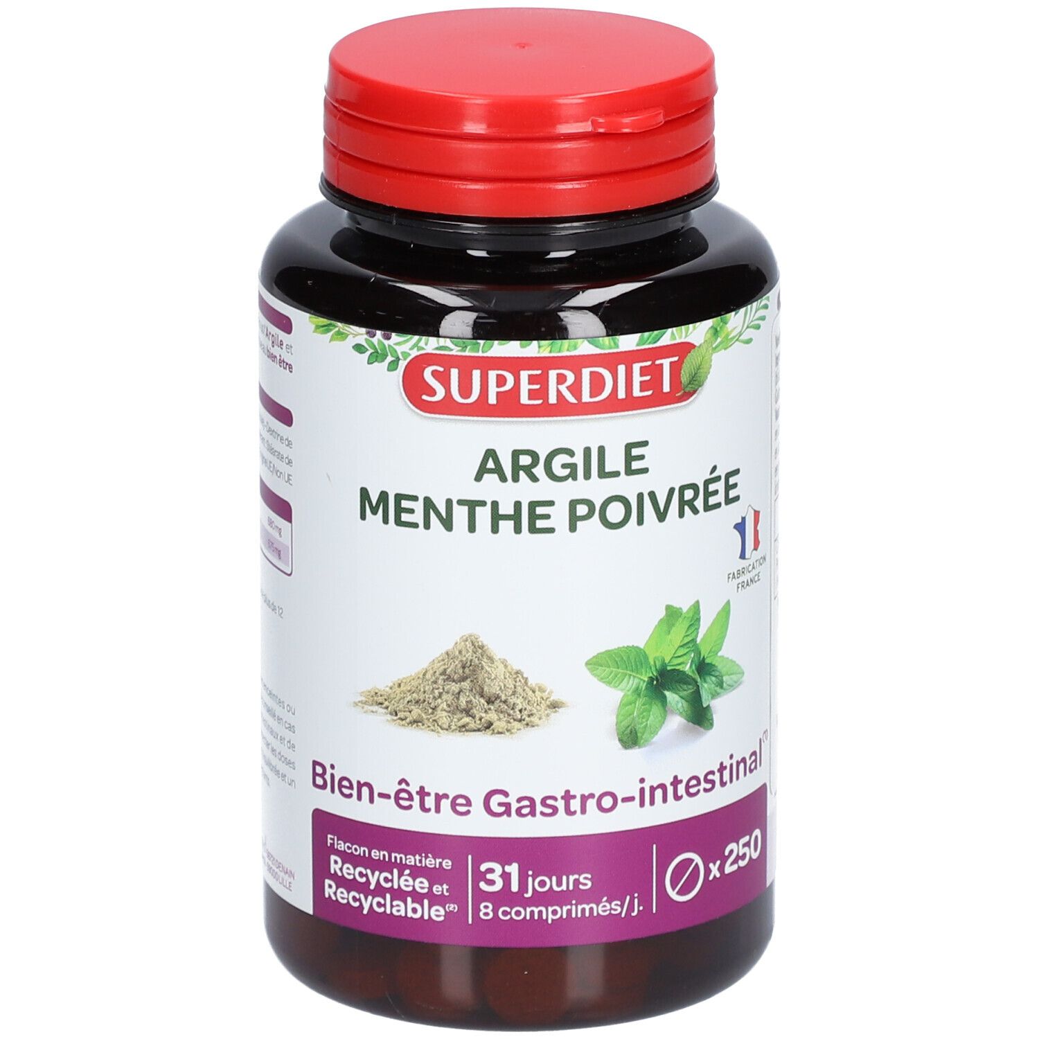 Ronde zwarte fles met rode dop. Opschrift: SUPER DIET Argile Menthe poivrée. 250 tabletten. 31 dagen.