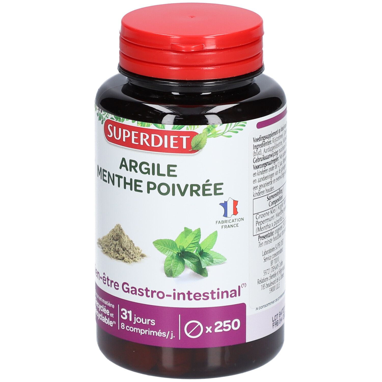 Ronde zwarte fles met rode dop. Opschrift: SUPER DIET Argile Menthe poivrée. 250 tabletten. 31 dagen.