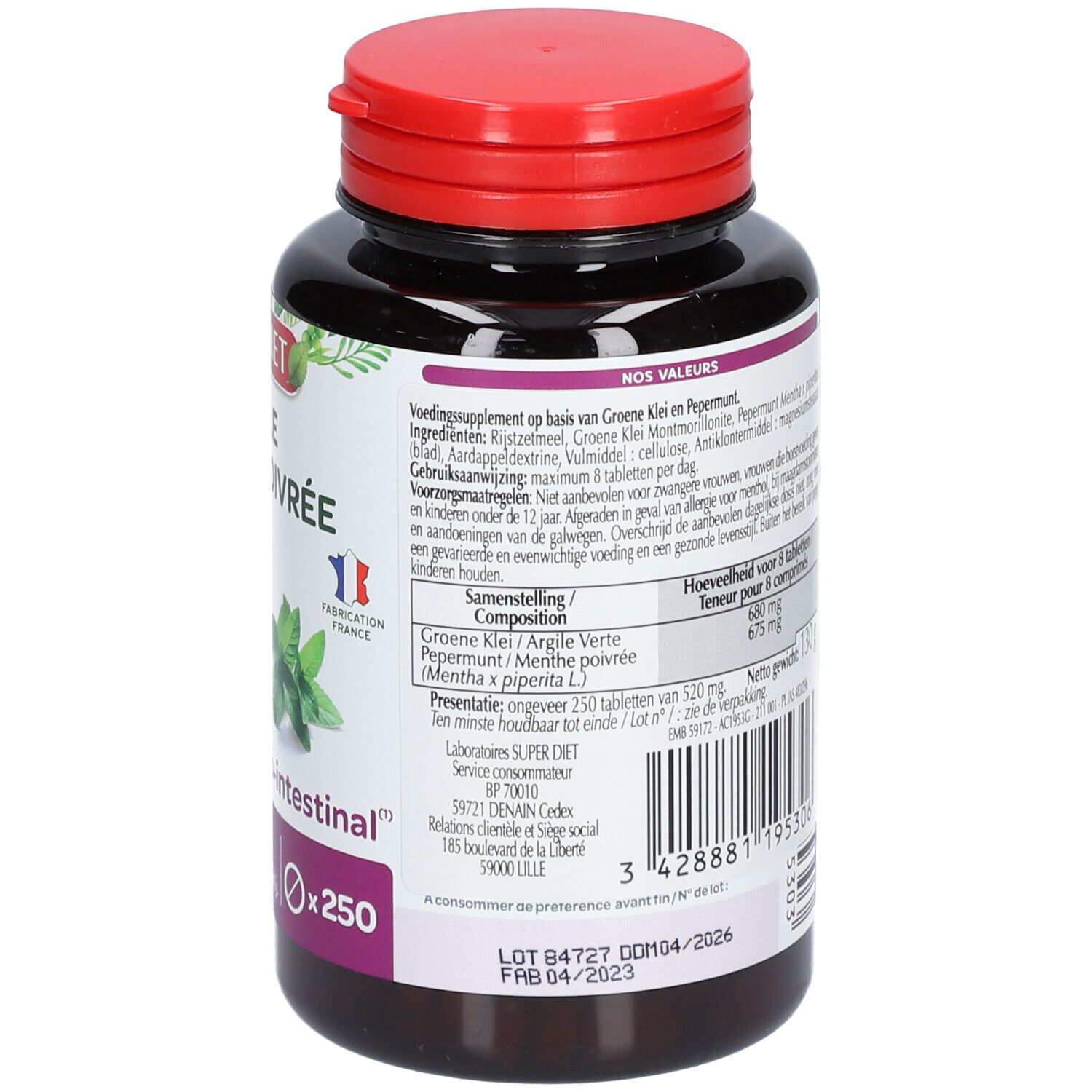 Ronde zwarte fles met rode dop. Achterkant met tekst. Opschrift: SUPER DIET Argile Menthe poivrée. 250 tabletten.