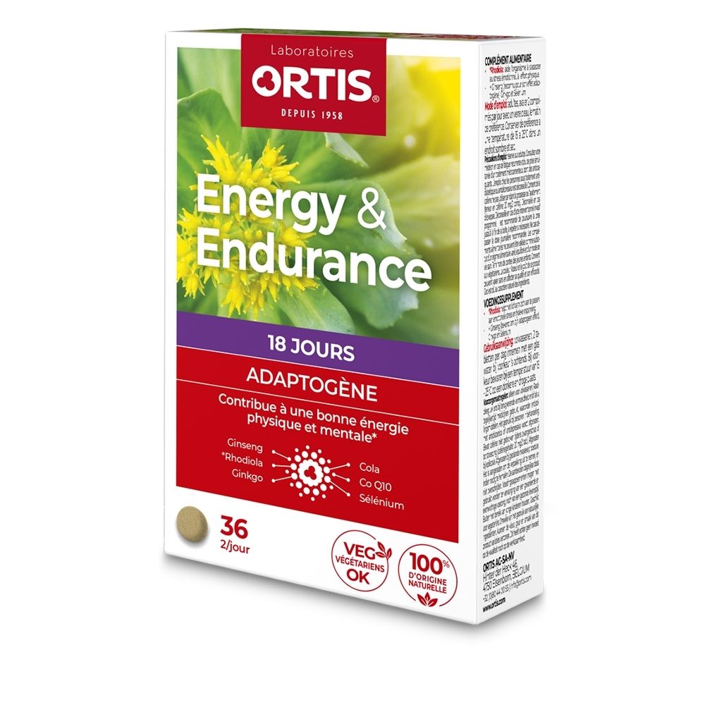 Boîte Ortis Energy & Endurance 36 gélules, formule adaptogène pour l'énergie physique et mentale.