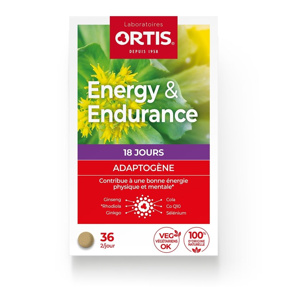 Boîte Ortis Energy & Endurance 36 gélules, formule adaptogène pour l'énergie physique et mentale.