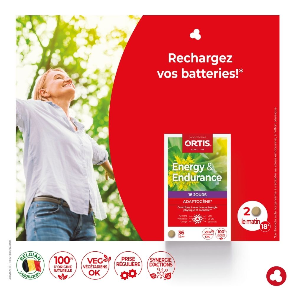 Boîte Ortis Energy & Endurance 36 gélules, formule adaptogène pour l'énergie physique et mentale.