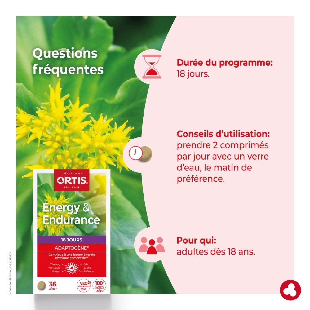 Boîte Ortis Energy & Endurance 36 gélules, formule adaptogène pour l'énergie physique et mentale.