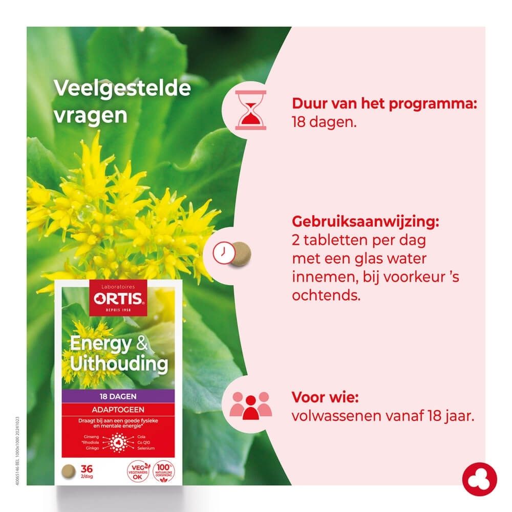 Ortis Energy & Uithouding verpakking 36 capsules, adaptogeen formule voor fysieke en mentale energie.