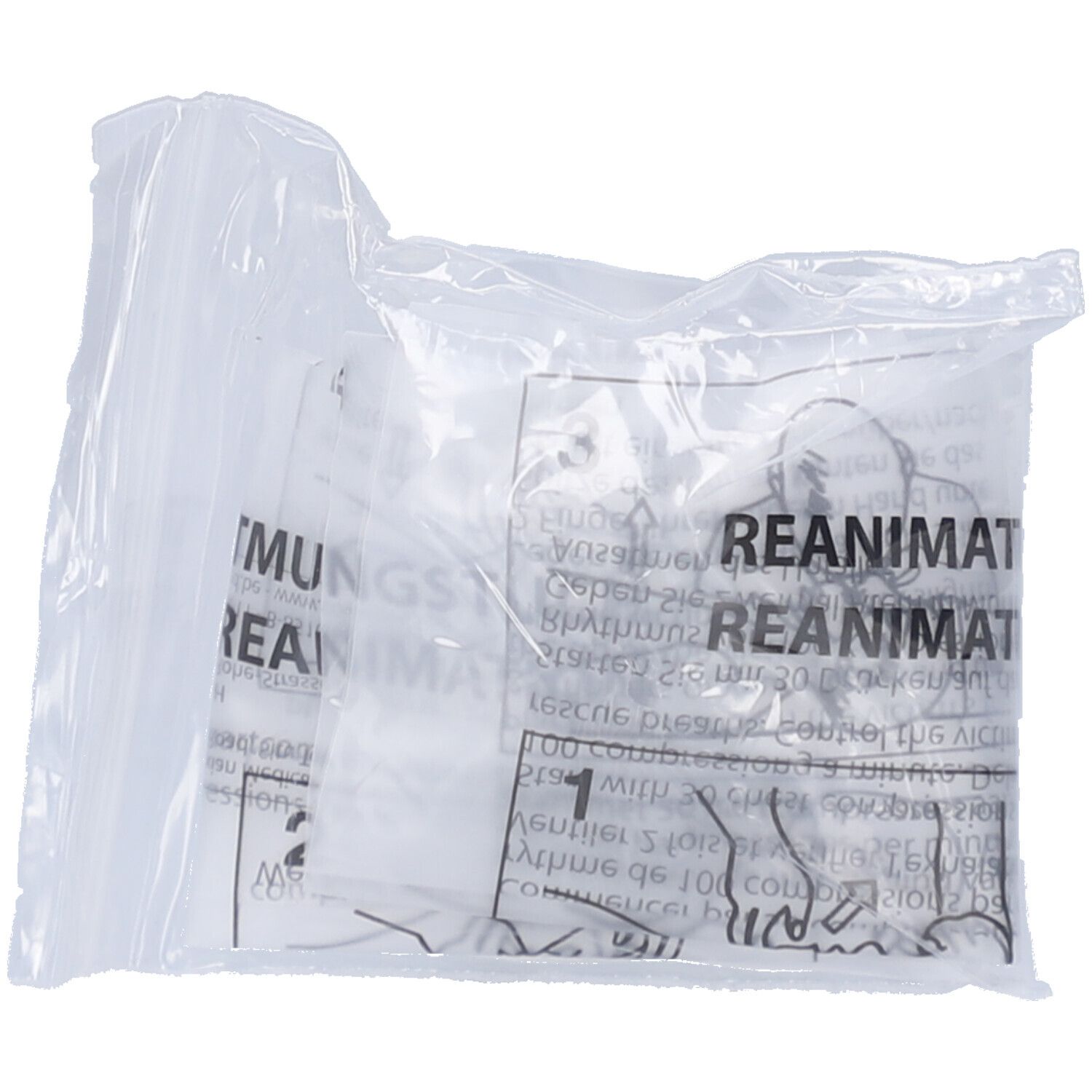Reanimatiemasker in transparante verpakking. Bedrukte instructies en pictogrammen. Reanimati.