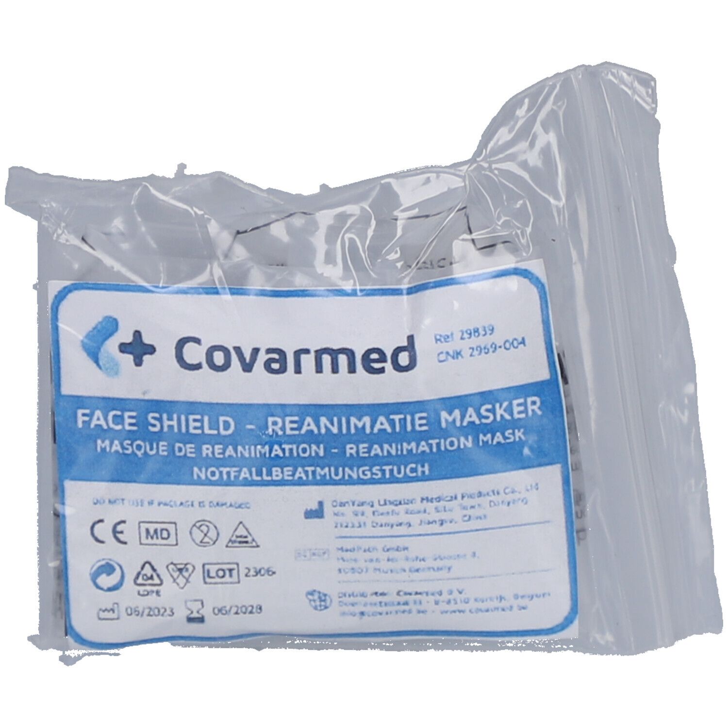 Reanimatiemasker in transparante verpakking. Label met productinfo, Covarmed logo en CE-markering.