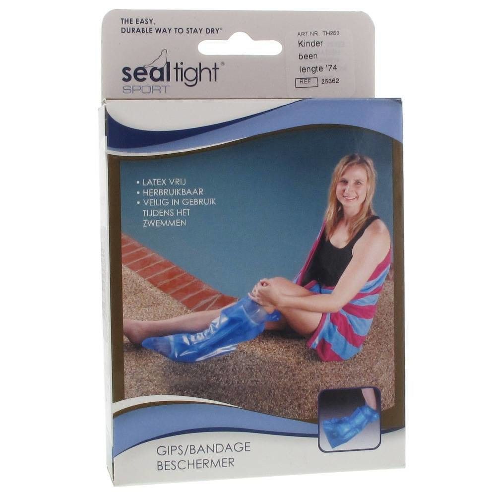 Emballage d'une protection pour jambe plâtrée/bandage. Une femme avec une protection bleue sur la jambe est représentée. Texte : seal tight SPORT.
