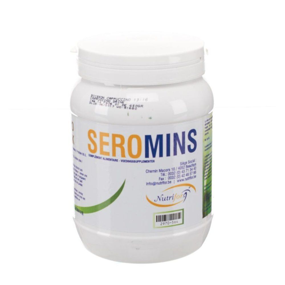 Pot cylindrique blanc avec couvercle. Inscription SEROMINS. Logo vert et orange. Texte multilingue.