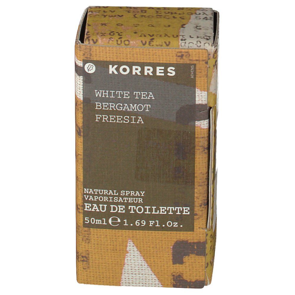 KORRES Eau de toilette White Tea. Kartonnen verpakking. Opschrift: White Tea, Bergamot, Freesia. Natural Spray, Eau de Toilette.