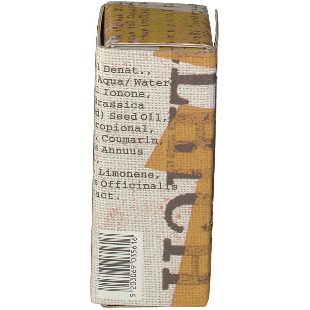 Kartonnen verpakking met ingrediëntenlijst en barcode. Opschrift: Ingrediëntenlijst. Limonene, Linalool, etc. Barcode.