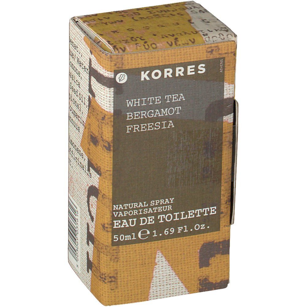 KORRES Eau de toilette White Tea. Kartonnen verpakking. Opschrift: White Tea, Bergamot, Freesia. Natural Spray, Eau de Toilette.