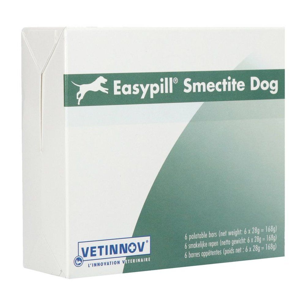 Boîte blanche avec logo Easypill Smectite Dog. Contient 6 barres de 28g.
