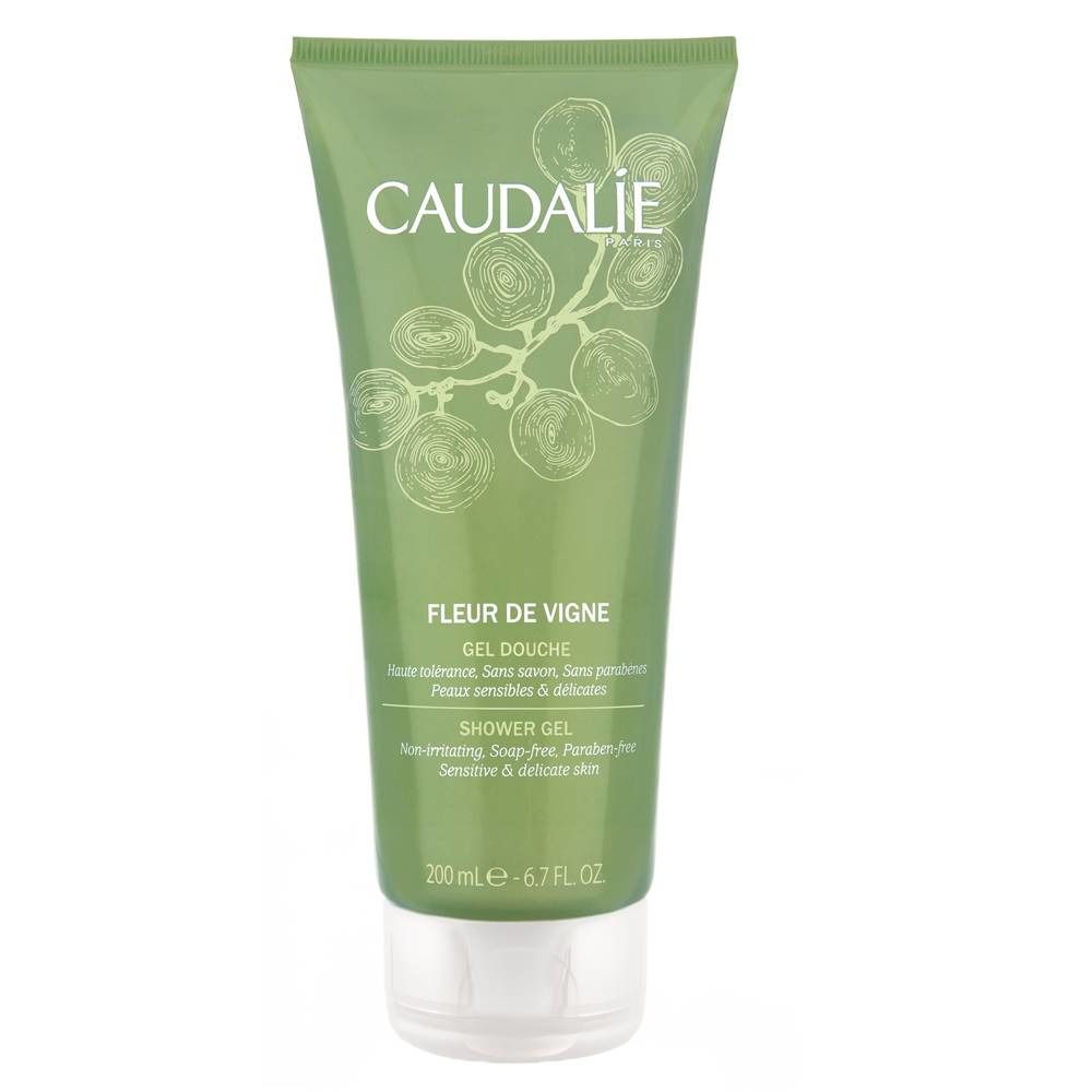Groene tube met witte dop. Opschrift CAUDALIE, FLEUR DE VIGNE, GEL DOUCHE. 200 ml. Voor gevoelige huid.